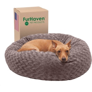 image:imageFurhaven 23 Round Donut Dog Bed for Indoor Cats amp Small Dogs Washable For Dogs Up to 20 lbs  Plush amp Diamond Print Donut Bed  Aqua SmallCurly Faux Fur Cocoa Dust