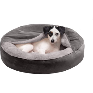 image:imageFurhaven 24 Round Calming Donut Dog Bed for Indoor Cats amp Small Dogs Washable For Dogs Up to 20 lbs  Plush Velvet Waves Hooded Donut Bed  Rose Pink SmallDark Gray