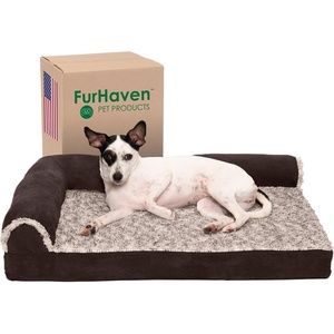 image:imageFurhaven Memory Foam Dog Bed for Large Dogs w Removable Bolsters amp Washable Cover For Dogs Up to 95 lbs  TwoTone Plush Faux Fur amp Suede L Shaped Chaise  Stone Gray JumboXLPlush  Velvet Deep Sapphire