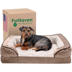 image:imageFurhaven Memory Foam Dog Bed for MediumSmall Dogs w Removable Bolsters amp Washable Cover For Dogs Up to 35 lbs  Plush amp Velvet Waves Perfect Comfort Sofa  Brownstone MediumBrownstone Faux Fur  Velvet