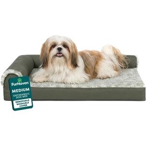 image:imageFurhaven Orthopedic Dog Bed for MediumSmall Dogs w Removable Bolsters amp Washable Cover For Dogs Up to 35 lbs  TwoTone Plush Faux Fur amp Suede L Shaped Chaise  Dark Sage MediumDark Sage