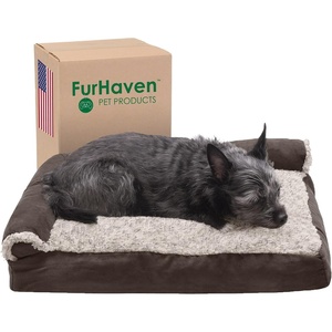 image:imageFurhaven Pillow Dog Bed for Large Dogs w Removable Bolsters amp Washable Cover  TwoTone Plush Faux Fur amp Suede L Shaped Chaise  Dark Sage JumboXLEspresso