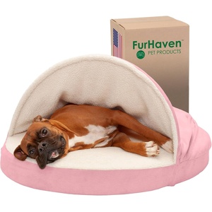 image:imageFurhaven 26 Round Memory Foam Dog Bed for MediumSmall Dogs w Removable Washable Cover For Dogs Up to 30 lbs  Sherpa amp Suede Snuggery  Gray 26inchFaux Lambswool  Suede Pink